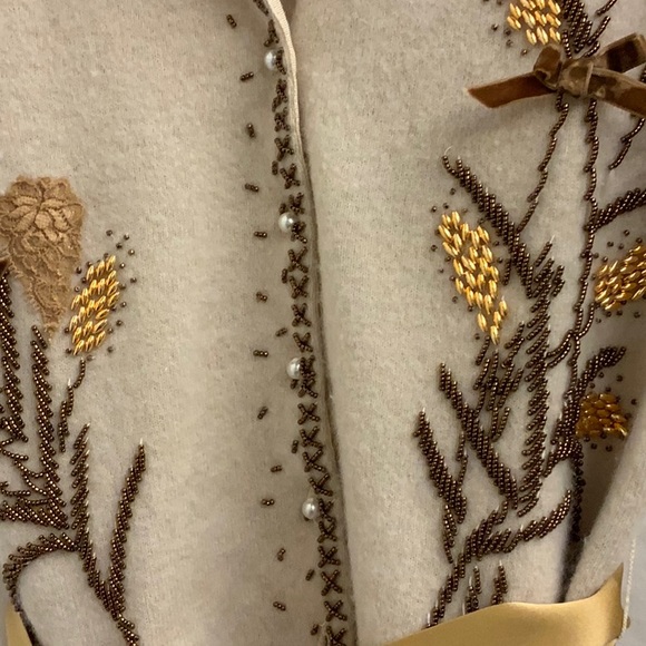 Tan Cardigan Sweater with Beaded Wheat Pattern and Lace Appliqués, Tie Belt (S) - Picture 13 of 15